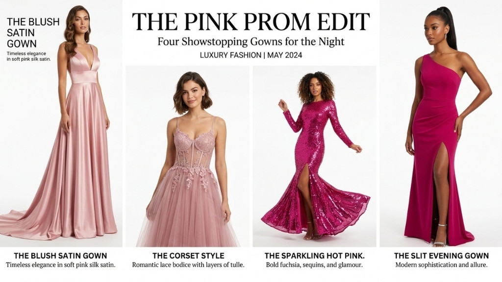 popular pink prom dress styles including satin corset and slit gown